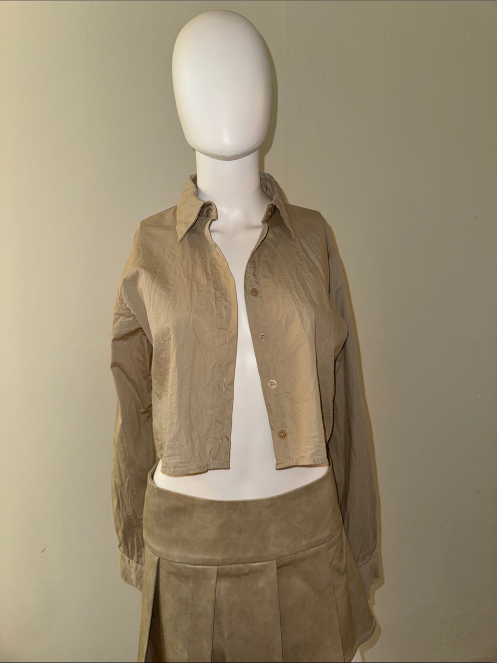 Cropped Beige Button-Front Shirt Jacket